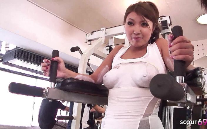Asian teen with hairy pussy filmed in gym at gangbang
