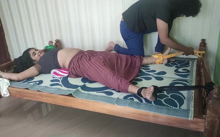 BDSM Both Hands and Legs Tied on Both End of Bed Chocolate Eat From Navel Hole Saree Removal Panty Only Boobs and Nipple Suck