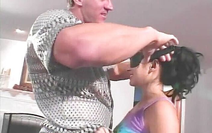 Blindfolded asian beauty gets butt slapped and fucked before eating cum