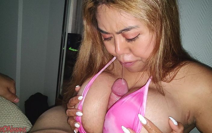 Busty amateur gives blow and titjob