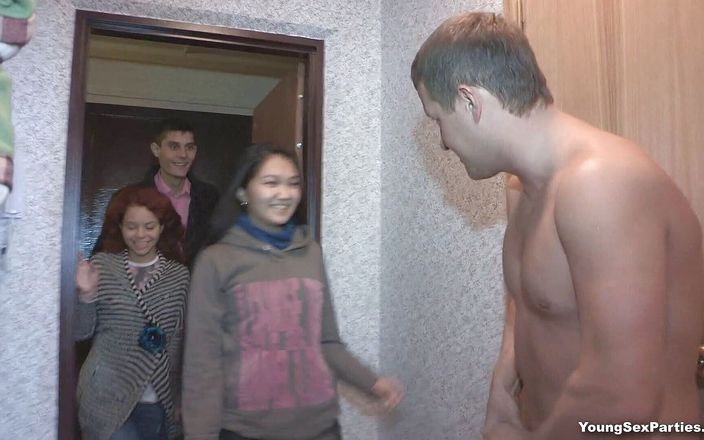 Foursome with redhead and Asian teens