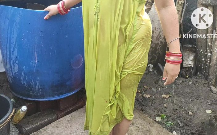 Indian housewife bathing outside with dance