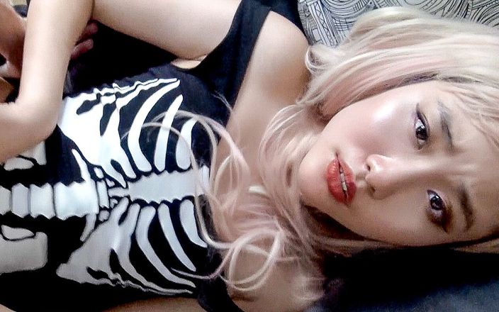 Perfect Asian teen Sophie Hara fucks in her pink wig and gets a facial