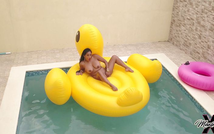 Slutty Asian MILF Maxine X floats around pool and has a rubber ducky fucky!!