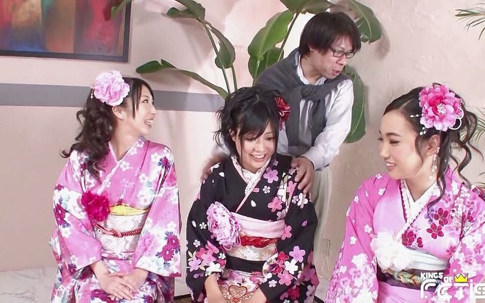 Three Japanese babes blow a group of men with hairy cocks and swallow cum